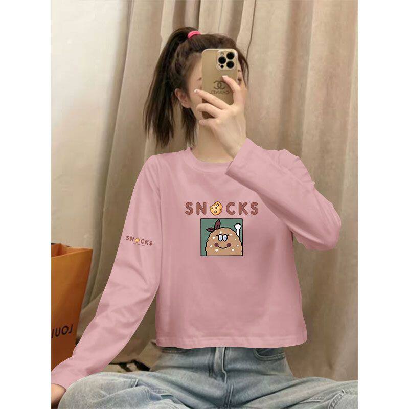 春秋新款纯棉短款高腰长袖打底T恤女时尚潮流宽松遮肉显瘦上衣服