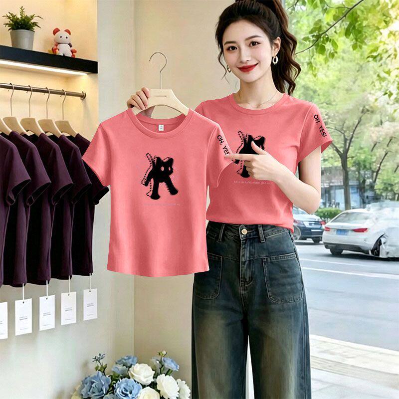 夏季纯棉短款短袖休闲T恤女时尚洋气韩版百搭宽松显瘦小个子上衣