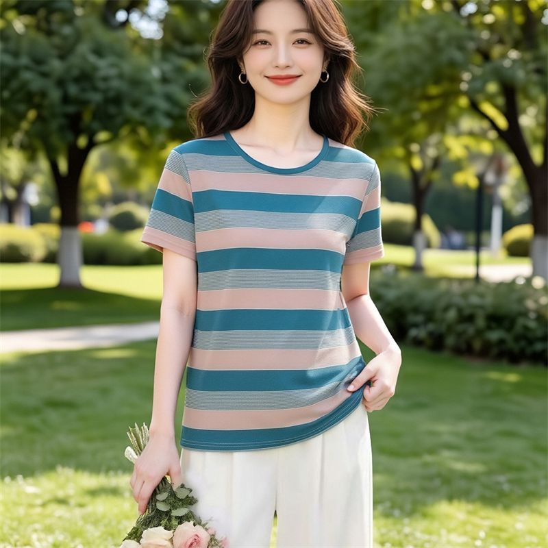 冰丝撞色条纹短袖印花T恤女