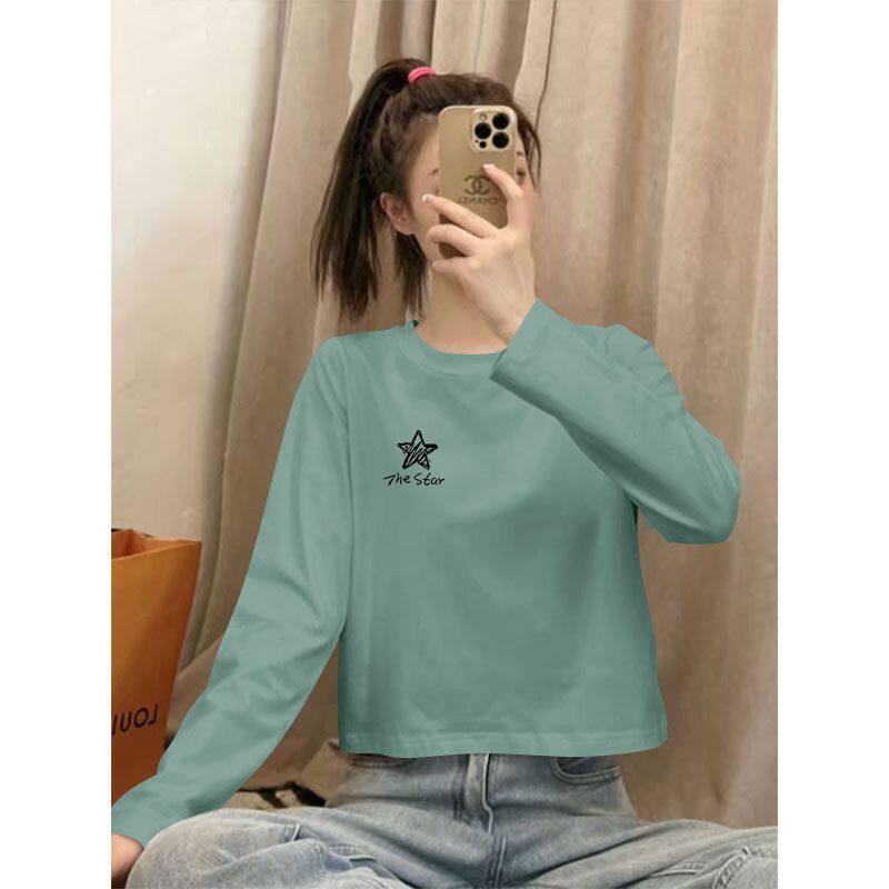 春秋基础款纯棉短款高腰长袖T恤女时尚通勤百搭小个子印花上衣服