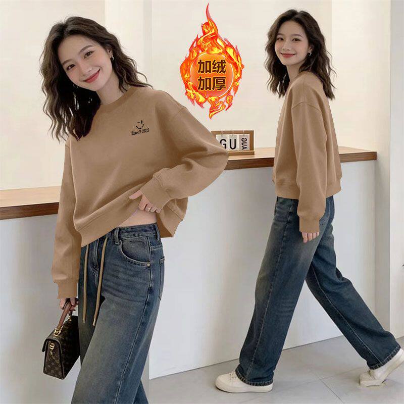 银狐绒加绒加厚短款纯棉卫衣女
