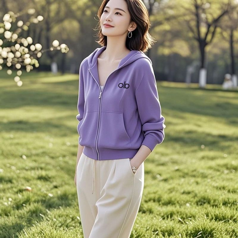 纯棉紫色拉链开衫连帽卫衣女