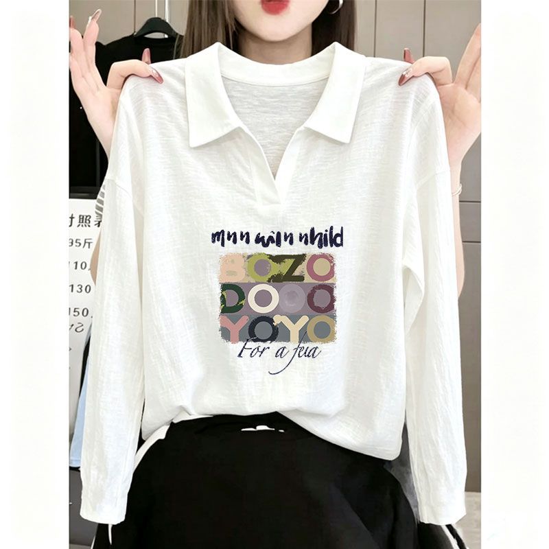 竹节棉白色长袖翻领印花T恤女