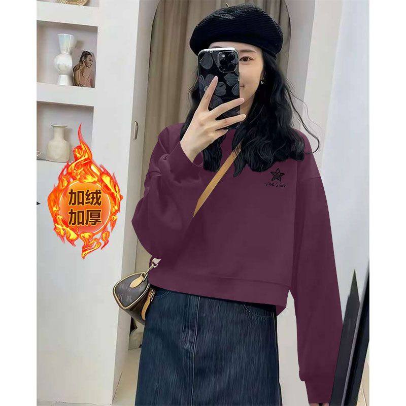 秋冬爆款加绒加厚纯棉短款卫衣女时尚韩版宽松遮肉显瘦小个子外套