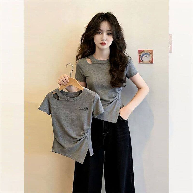 云朵棉短袖开叉螺纹打底T恤女