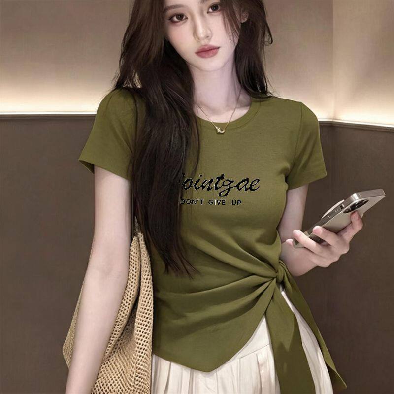 时尚系带绑带短袖开叉T恤女