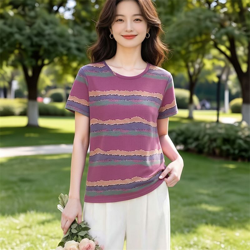 冰丝条纹短袖扎染T恤女大码