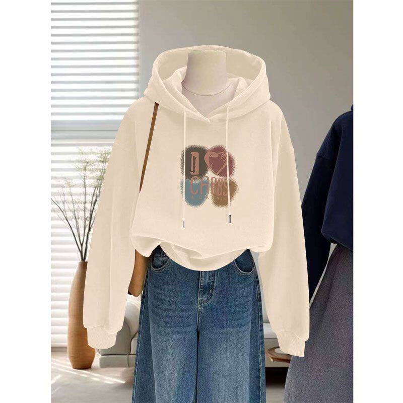 秋冬爆款加绒加厚纯棉连帽短款卫衣女时尚洋气百搭显瘦印花上衣服