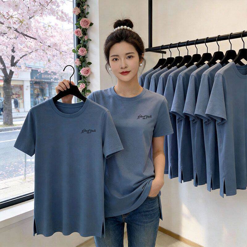 中长款雾蓝色纯棉短袖T恤女