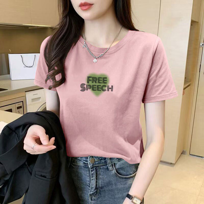 夏季纯棉皮粉色短袖印花T恤女时尚新款韩版百搭通勤印花休闲上衣