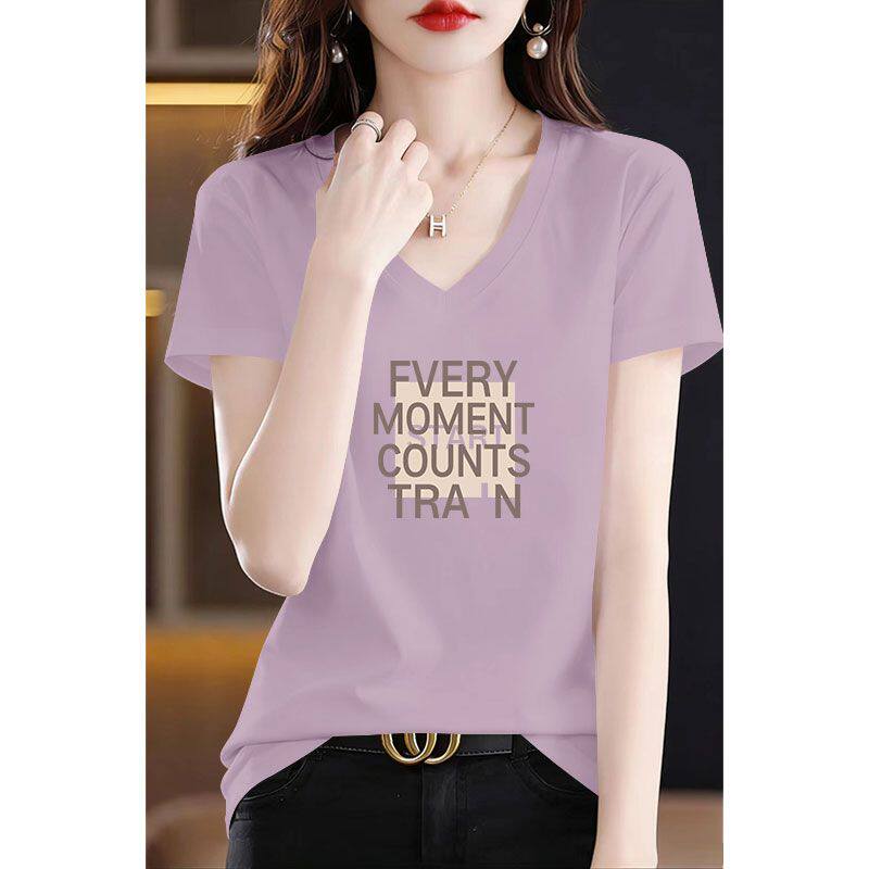 100%纯棉短袖V领休闲T恤女夏季新款时尚韩版洋气显瘦基础款上衣服