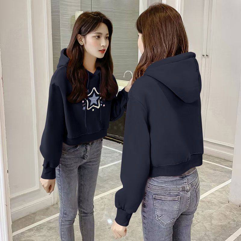 纯棉复合银狐绒加绒加厚连帽短款卫衣女秋冬新款韩版宽松显瘦外套