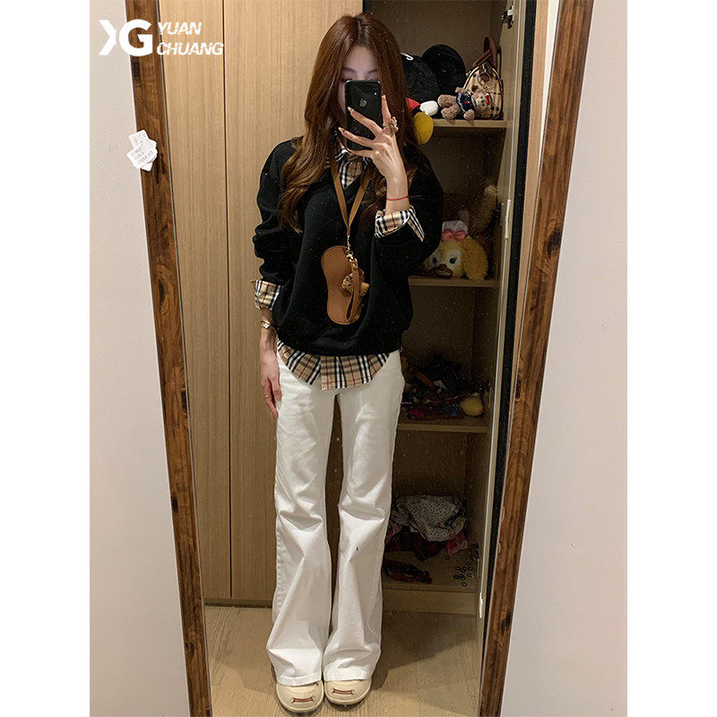 白色直筒微喇牛仔裤女2026新款秋冬低腰显瘦加长不贴腿喇叭裤