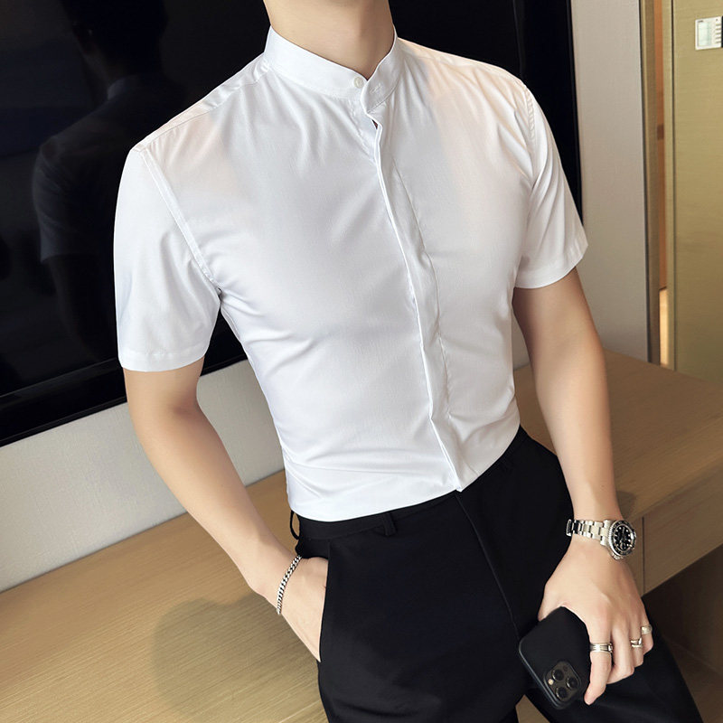 小立领白衬衫男短袖夏季