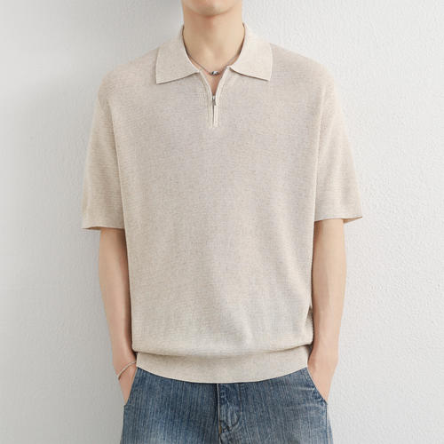亚麻半拉炼Polo衫男短袖2