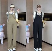 背带裤 条纹上衣套装 春秋外穿宽松直筒裤 长袖 潮春夏 显瘦长裤 孕妇装