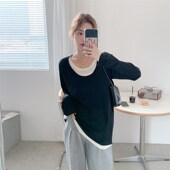 撞色圆领弹力潮妈内搭衣 上衣春秋韩版 软糯显瘦假两件 孕妇针织衫