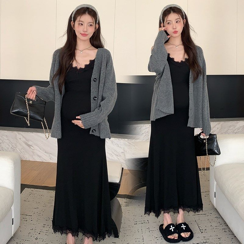 孕妇装春装长袖针织外套春季吊带裙两件套连衣裙春秋孕妇套装裙子图片
