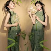 挂脖礼服宽松连衣裙服装 晨拍旗袍复古绿色蕾丝新中式 中国风新中式