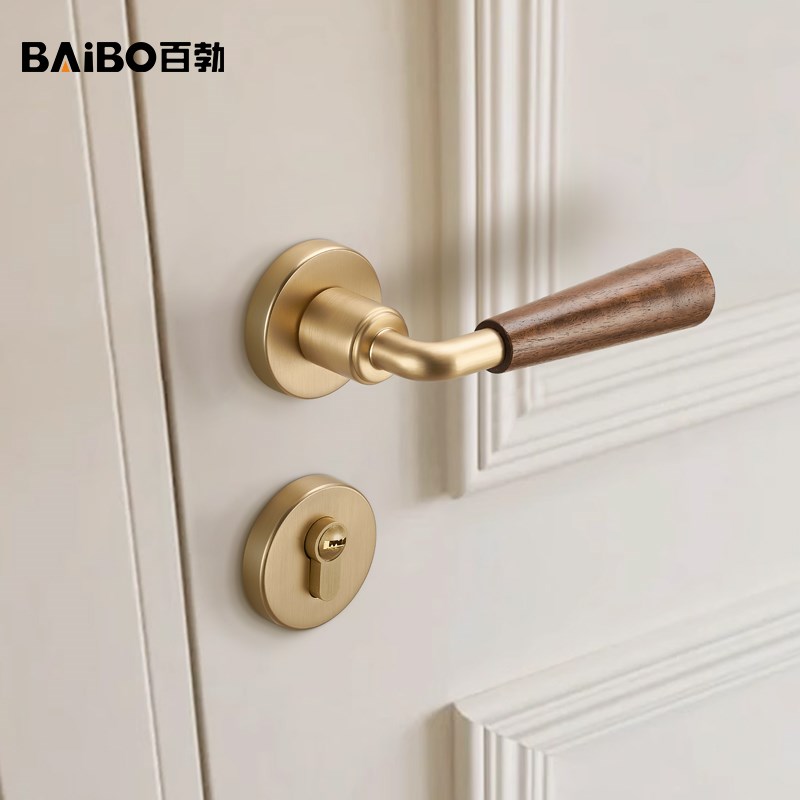 胡桃木复古法式中古风卧室门锁磁吸静H音分体锁具金色房门木门把