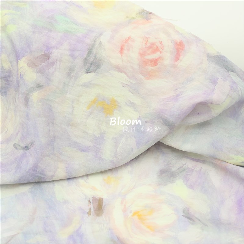 油画 画a风薄款垂感 浅紫色+鹅黄粉色牡丹印花丝麻天丝布料洋装面