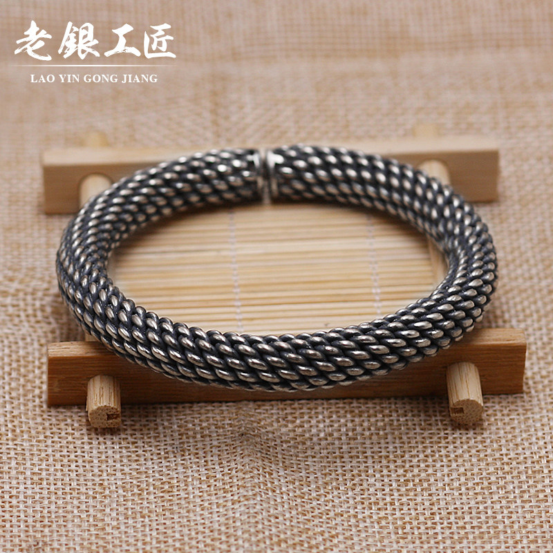 手工订做纯银男款手镯999粗芙蓉麻花绞丝开口复古时尚手环定制