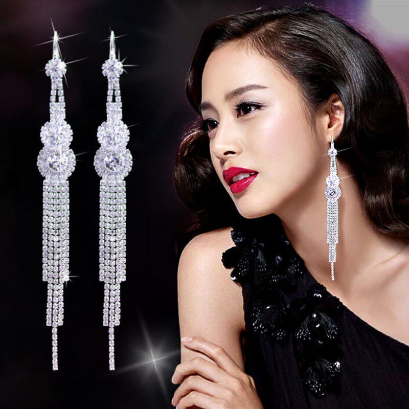 水钻耳挂长款流苏耳环新娘婚纱晚礼服配饰耳坠夸张耳饰无耳洞耳夹