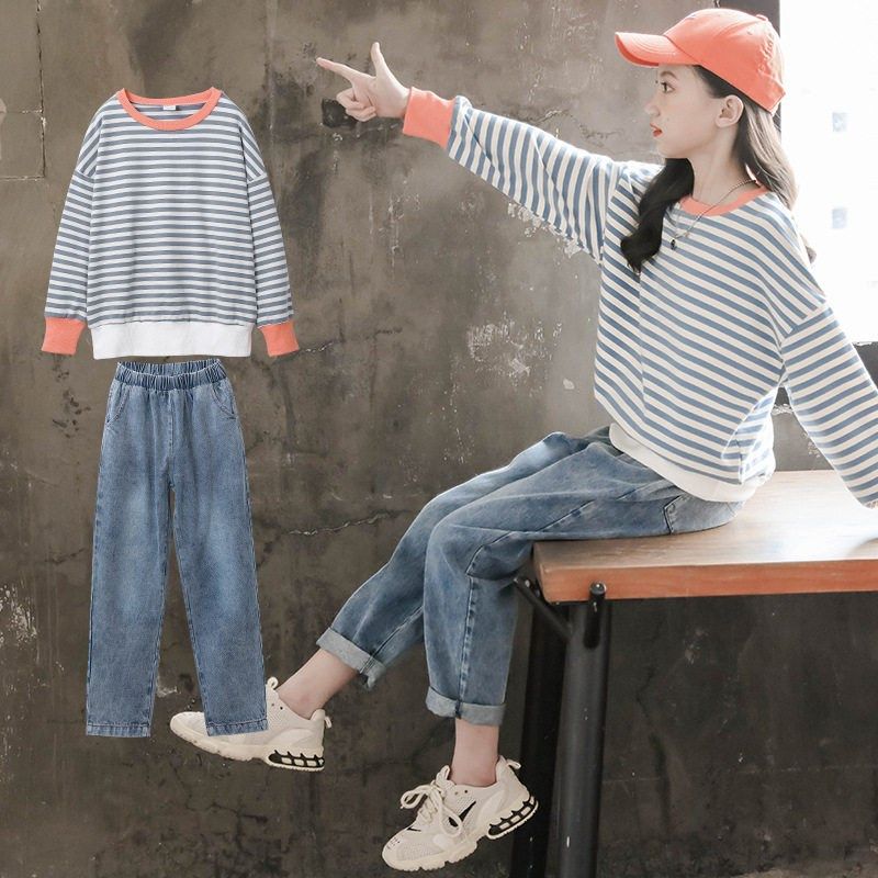 女童网红套装春装2025新款洋气儿童条纹衣服女大童运动牛仔两件套,童装/婴儿装/亲子装,套装,淘宝优惠券,粉丝福利购,淘宝优惠卷