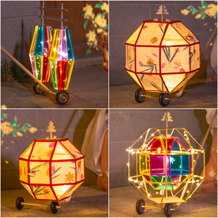 新年灯笼diy非遗手工diy花灯材料包元宵节创意古风手推转动宫灯