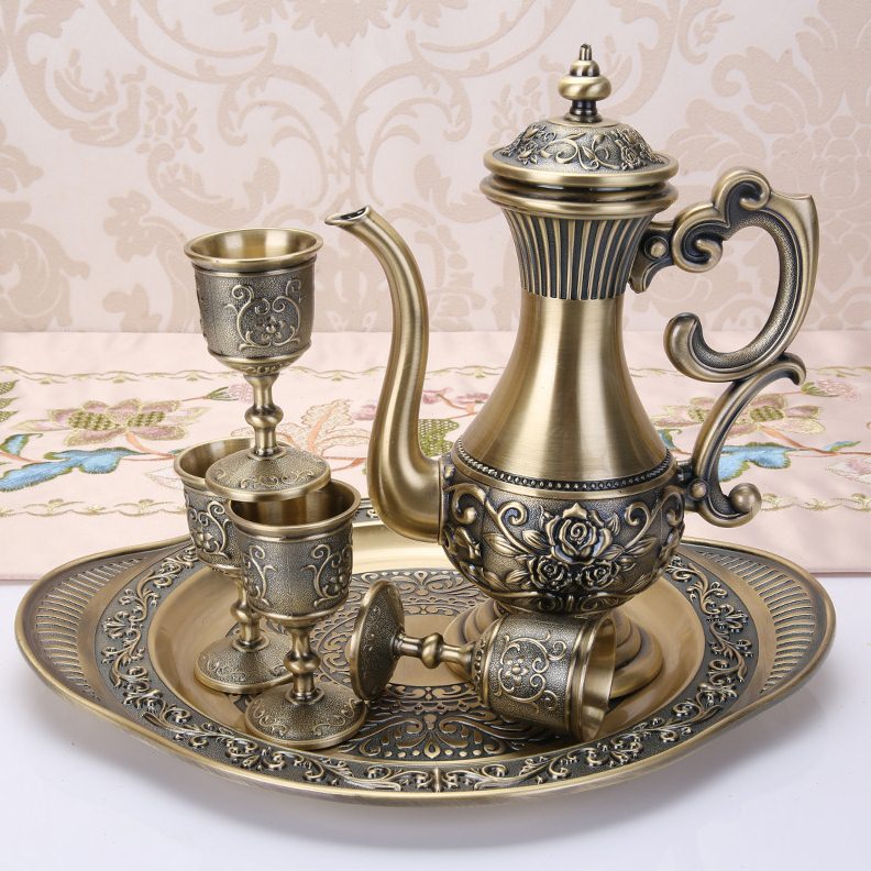 欧式仿古6件套酒具套装创意玫瑰花金属工艺酒具家居装饰酒具礼品