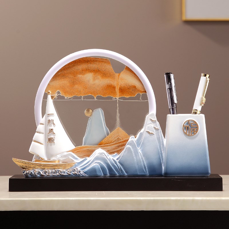现代简约创意一帆风顺流沙画船笔筒摆件办K公室书房装饰品乔迁礼