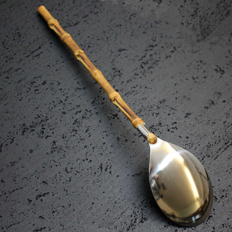 304不锈钢汤勺竹节柄勺铲粥勺日式拉H面勺酱汤壳长柄火锅勺子家用