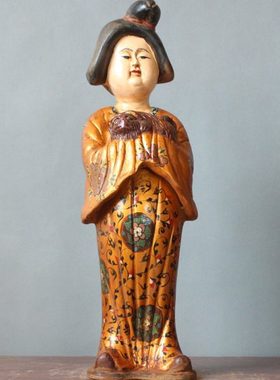 唐三彩仕女陶瓷胖妞陶俑鎏金家居装饰客厅古玩仿古收藏电视柜摆件