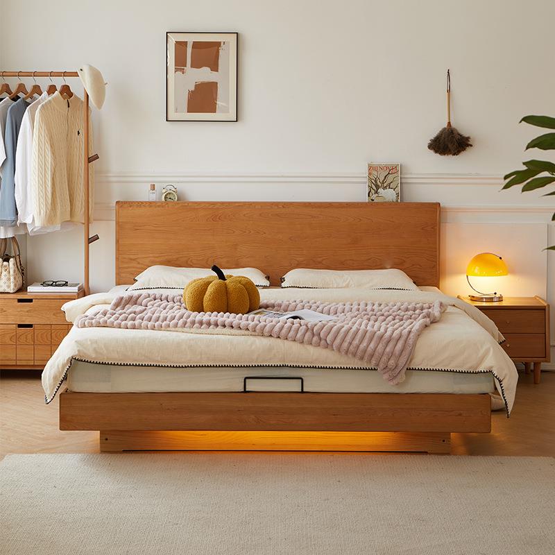北欧日式箱体床樱桃木全实木储物床卧室夜光悬浮家用小户型双人床