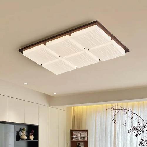 新中式吸顶灯中古风客厅灯现代简约胡桃色实木复古卧室书房方格灯