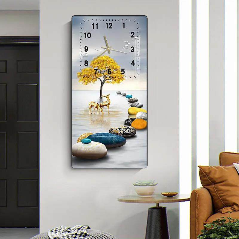 福禄进门现代简约玄关钟表挂画入户走廊装饰画麋鹿客厅过道墙壁画
