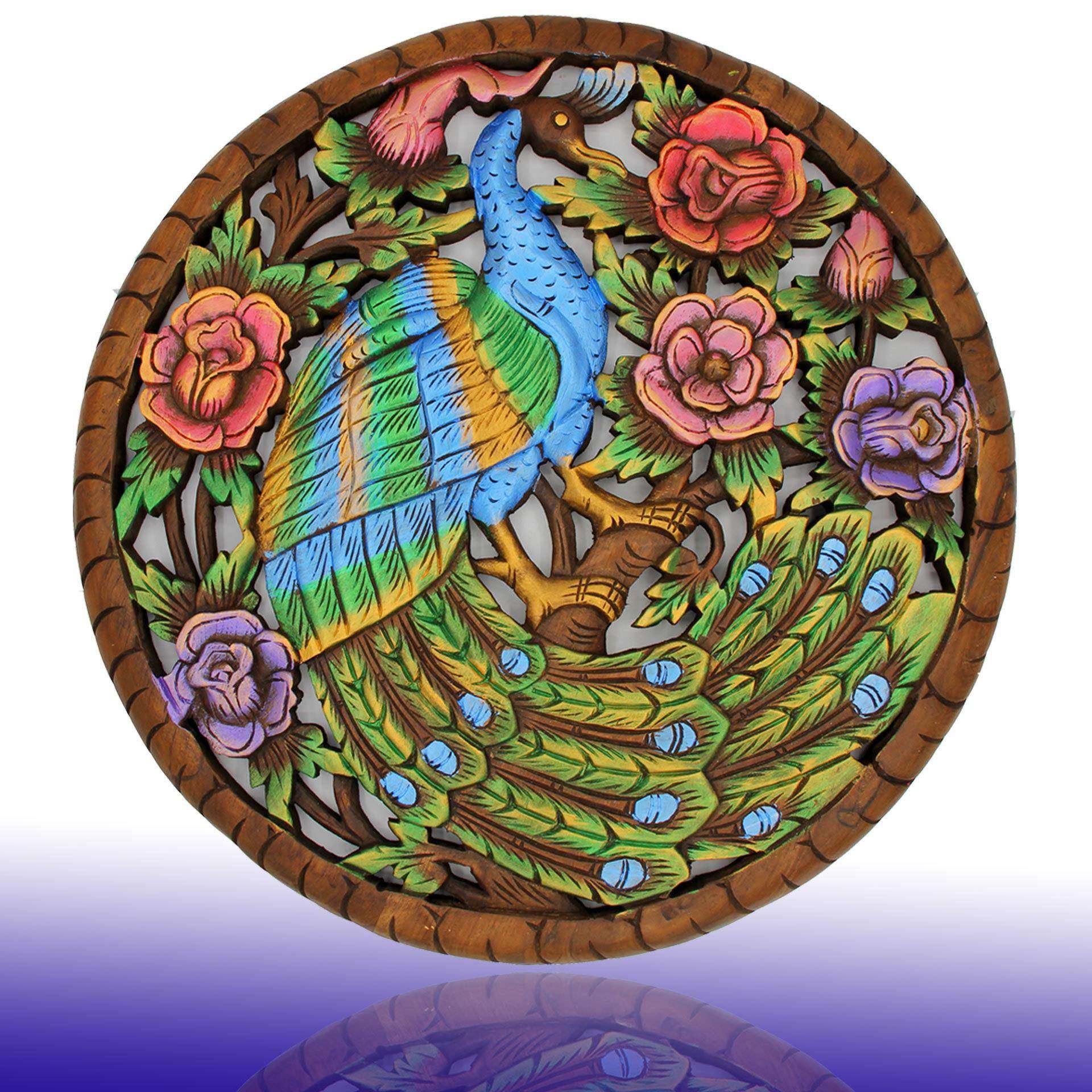 泰式木质工艺品墙饰东南亚家居圆形镂空孔雀雕花木挂件