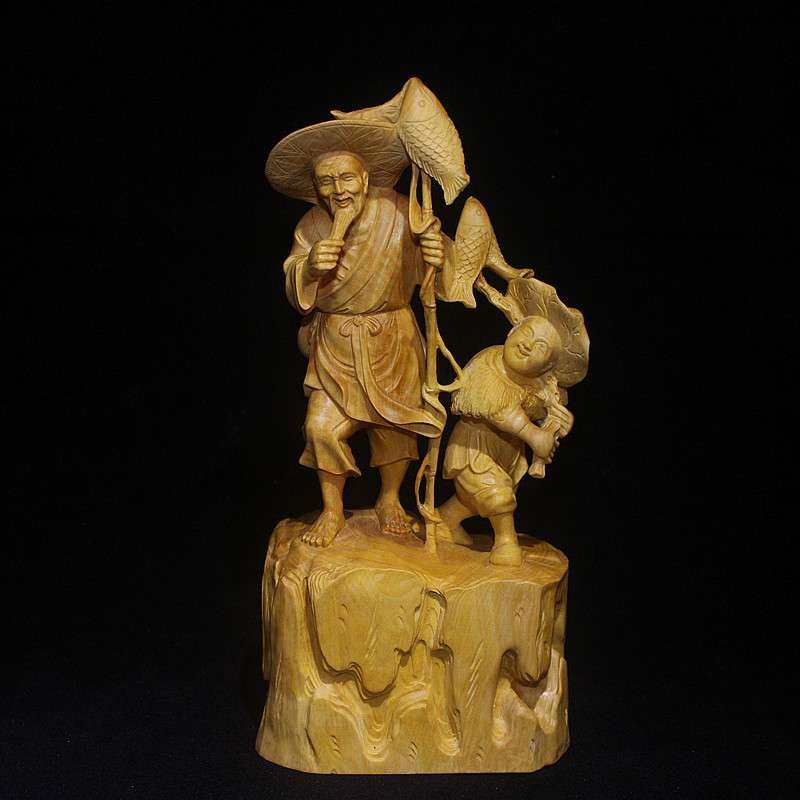 精品黄杨木雕工艺品 渔翁忙载而归实木雕刻摆件 家居创意摆饰摆件