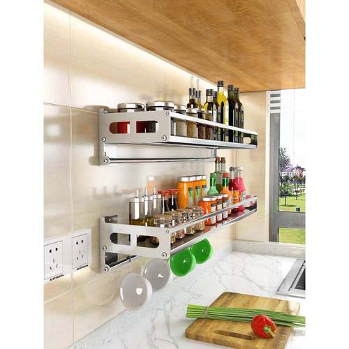 cs免打孔壁挂式厨房置物架调料调味品收纳架子304不锈钢墙上层挂