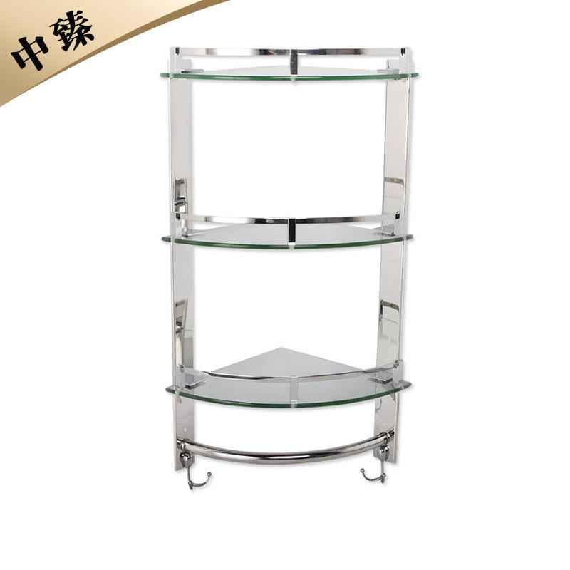 三层玻璃三角架不锈钢转角置物架卫生间浴室玻璃角架带毛巾杆挂钩