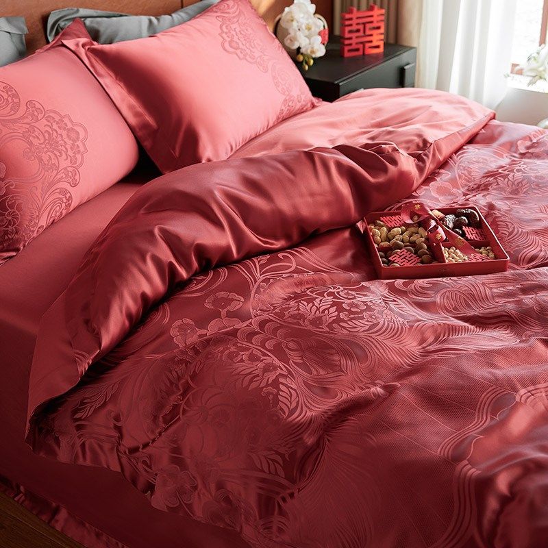 欧式高级感婚庆臻丝锻四件套高精密提花结婚被套喜嫁床上用品红色,床上用品,婚庆床品套件,淘宝优惠券,粉丝福利购,淘宝优惠卷