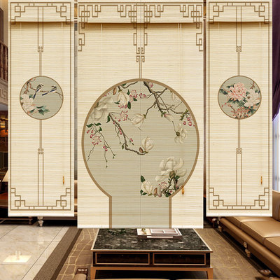 新中式印花竹帘卷帘遮阳隔断茶室免打孔古风装饰画背景卷拉式窗帘