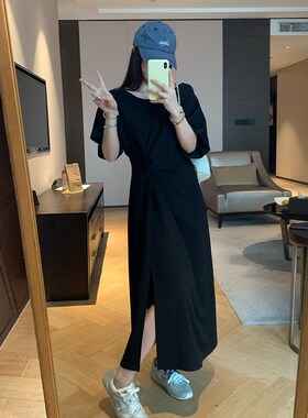 NAZ那子大尺码夏季棉涤混纺针织休闲 慵懒洋装胖mm短袖扭结开