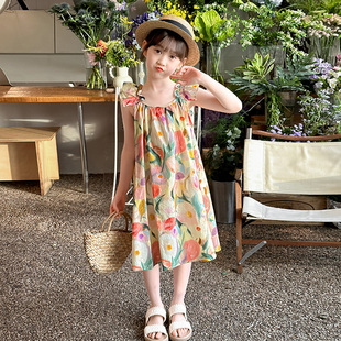 女童连衣裙夏季2024新款儿童无袖吊带碎花长裙女大童夏装公主裙