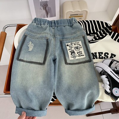 男童牛仔裤春秋2025新款儿童时尚破洞长裤中小童卡通柔软浅色裤子