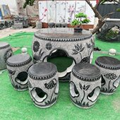 石桌石凳青石仿古石桌坐凳大理石圆形桌子一套别墅庭院室外摆件
