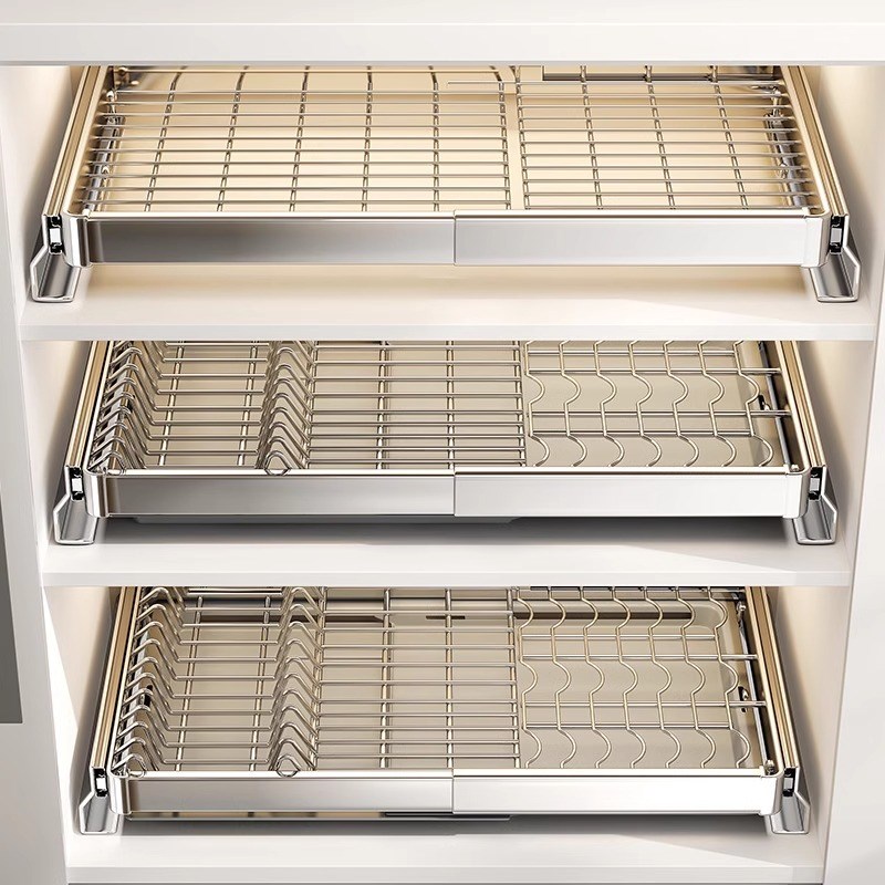 不锈钢免装橱柜拉篮n厨房抽屉式沥水架免打孔抽拉可伸缩碗碟收纳