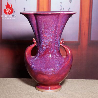 杨志钧窑杨志之女杨晓平手签款钧瓷工艺品摆件窑变紫孔雀开屏凤尊