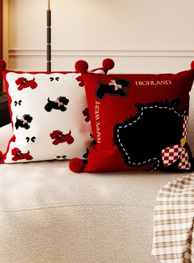 卡通抱枕红色棋盘格n新年沙发靠垫方形毛绒枕套不含芯卧室床头靠