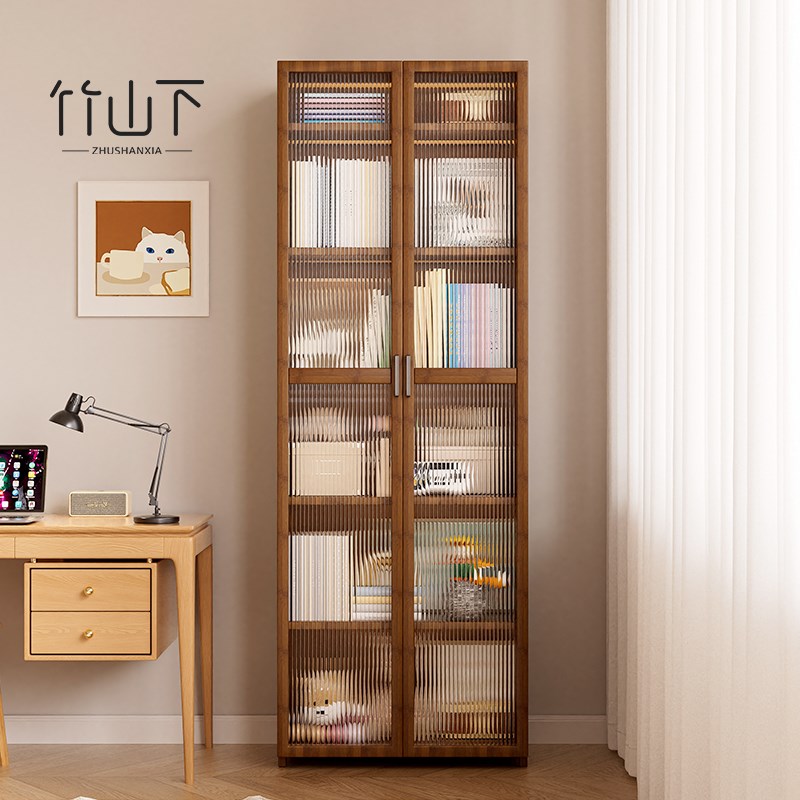 书架落地置物架家用实木书柜带门防E尘透明玻璃门一体靠墙储物柜
